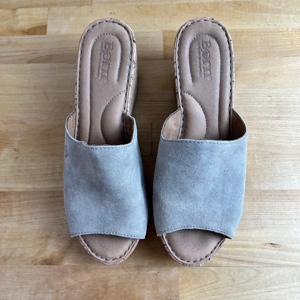 Born Sandals Wedge Lilah Size 7 Taupe Suede Open Toe Cork Platform Slide Slip On